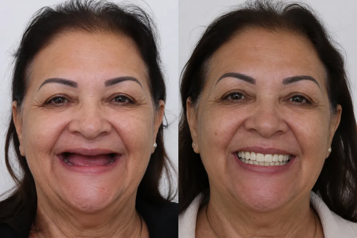 Paciente da Dentis Elo, antes sem dentes e depois com protocolo de dentes fixos em Ribeirão Preto
